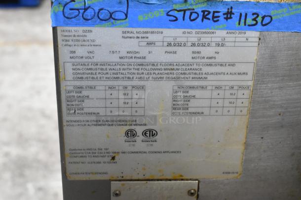 Middleby Marshall CTX DZ33I label showing model number, voltage, and installation instructions for stainless steel pizza oven.