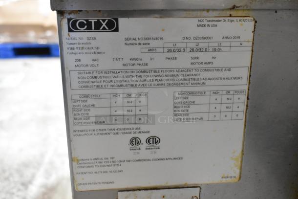 CTX DZ33I stainless steel conveyor pizza ovens label, showing specifications: 208V, 3/1 phase, suitable for non-combustible surfaces.