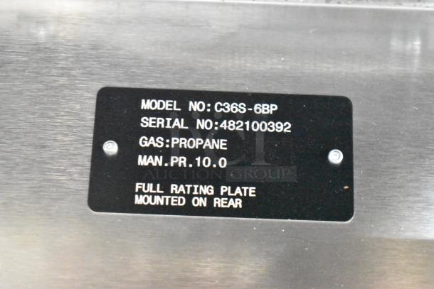 Wolf C36S-6BP label showing model, serial number 482100392, propane gas type, and pressure information.