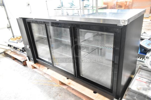 Brand new Avantco 178UBB72SHC commercial 73" black back bar refrigerator with LED lighting, sliding glass doors, 115V.