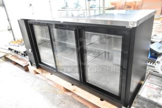 Brand new Avantco 178UBB72SHC commercial 73" black back bar refrigerator with LED lighting, sliding glass doors, 115V.