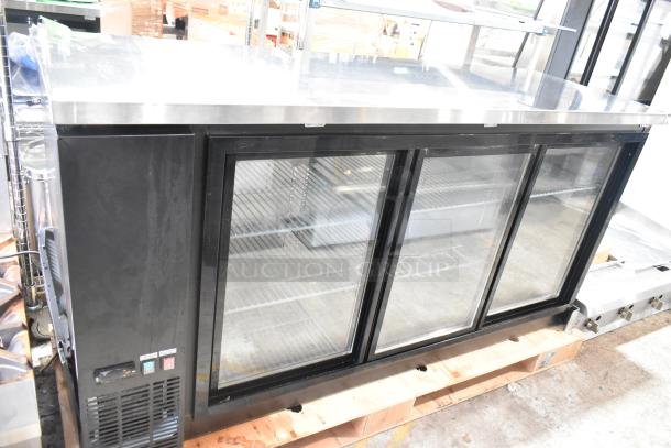 Brand new Avantco 178UBB72SHC back bar refrigerator, 73" black metal with sliding glass doors and LED lighting. Scratch and dent.
