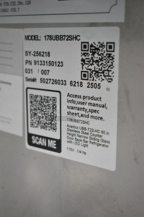 BRAND NEW Avantco 178UBB72SHC Back Bar Refrigerator label showing model, QR codes for specs, and 115V power details.