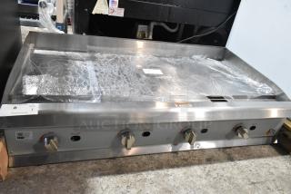 BRAND NEW Cooking Performance Group 48" stainless steel gas griddle, model 351GMCPG48NL, 120,000 BTU, manual controls.