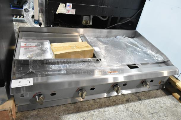 BRAND NEW 2024 Cooking Performance Group GM-CPG-48-NL stainless steel 48" gas griddle, manual controls, 120,000 BTU.