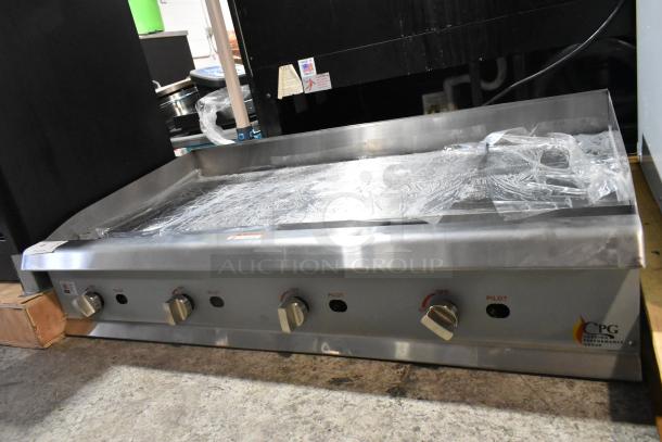 BRAND NEW! 2024 Cooking Performance Group 48" stainless steel gas griddle, model 351GMCPG48NL. Manual controls, 120,000 BTU.