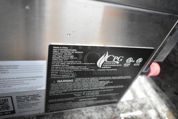 Stainless steel Cooking Performance Group 48" gas griddle, model 351GMCPG48NL, new condition, 120,000 BTU.
