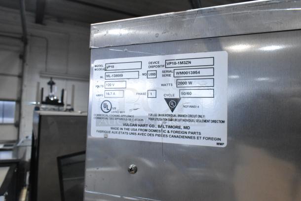 BRAND NEW Vulcan VP18 metal commercial full-size cabinet, scratch and dent, 120V, 1 phase, UL certified label shown.