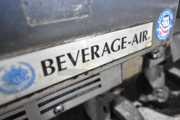 Beverage Air SPE48-18M stainless steel sandwich salad prep table, 115V, 1 phase, commercial casters, visible brand labels.