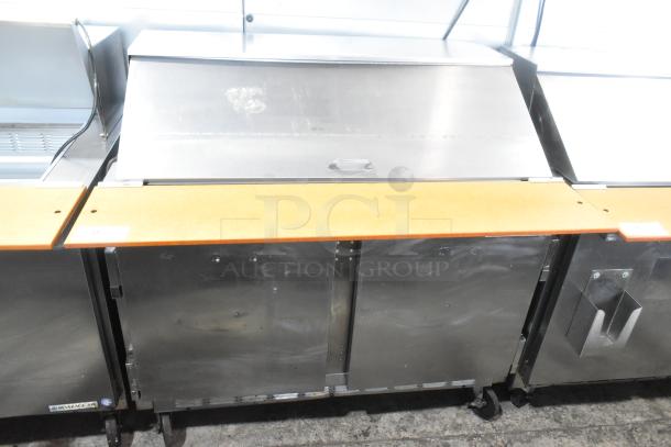 Beverage Air SPE48-18M stainless steel commercial prep table with bain marie, on casters, 115V, 1 phase.