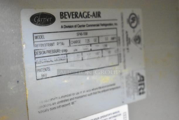 Beverage Air SPE48-18M stainless steel prep table label, indicates model, refrigerant type R134a, and electrical specs.