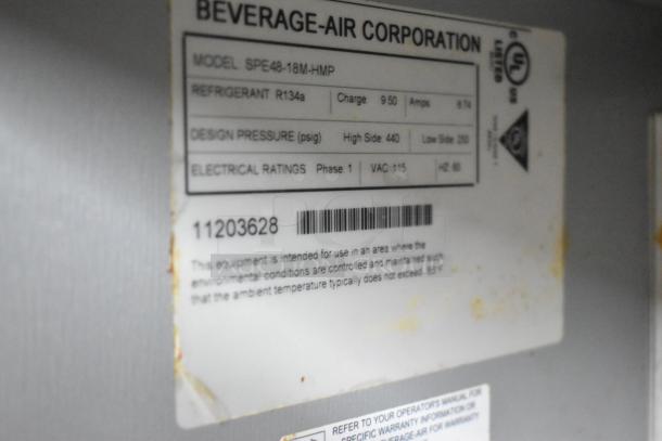 Beverage Air SPE48-18M-HMP label displaying model, refrigerant R134a, design pressures, and electrical ratings, 115V, 1 Phase.