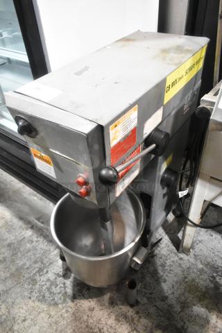 Varimixer W20 commercial dough mixer, 20 quart, metal bowl, paddle, visible labels, floor style, 115V, 1 phase.