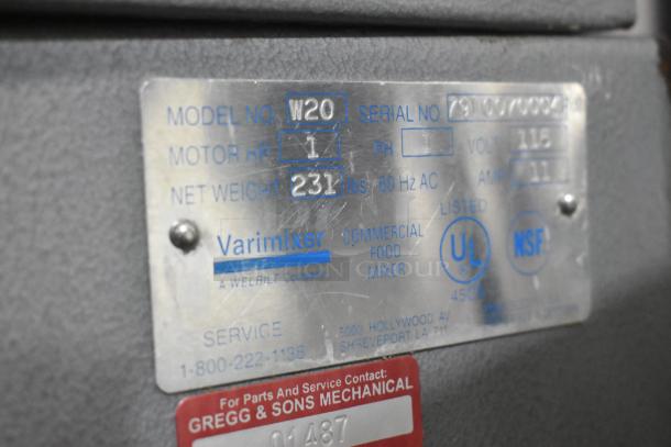 Varimixer W20 commercial dough mixer tag, showing model, serial, motor HP, net weight, voltage, and certification labels.