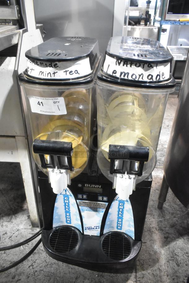Bunn ULTRA-2 commercial slushie machine with two hoppers, labeled for mint tea and lemonade, 115V, 1 phase.