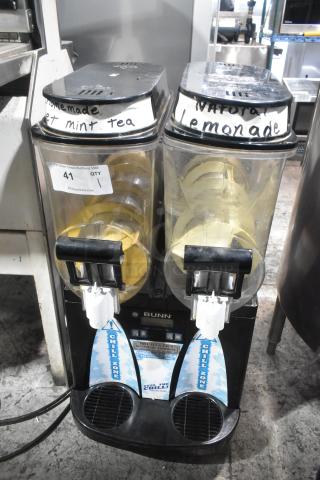 Bunn ULTRA-2 commercial slushie machine with two hoppers, labeled for mint tea and lemonade, 115V, 1 phase.