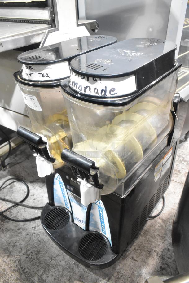 Bunn ULTRA-2 slushie machine with dual hoppers, labeled iced tea and lemonade. Commercial use, 115V, 1 phase.