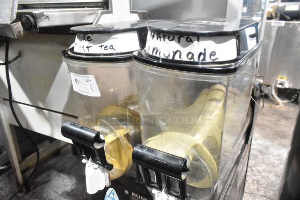 Bunn ULTRA-2 commercial slushie machine with two clear hoppers, labeled mint tea and lemonade. Model ULTRA-2, 115V, 1 phase.