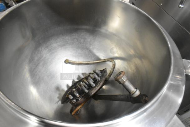 Groen HH/4-40 stainless steel 40-gallon steam kettle, floor style. Interior view showing condition, industrial piping visible.