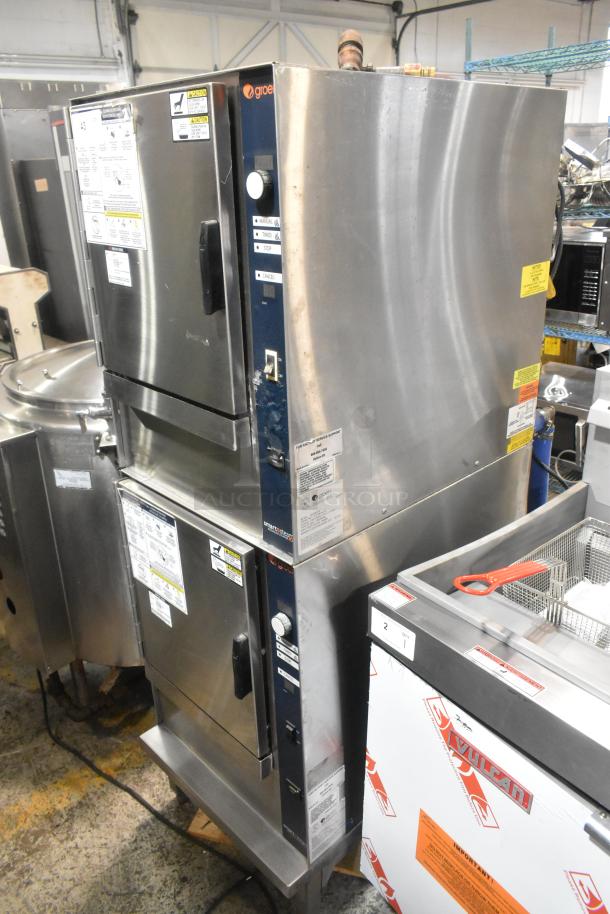 Groen (2)SSB-5GF stainless steel steam cabinet, propane gas powered, 58,000 BTU, commercial use, visible control markings.
