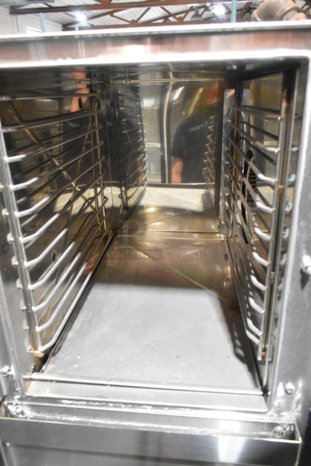 Groen SSB-5GF stainless steel steam cabinet, interior view, 58,000 BTU, propane gas powered, commercial use, 2019 model.