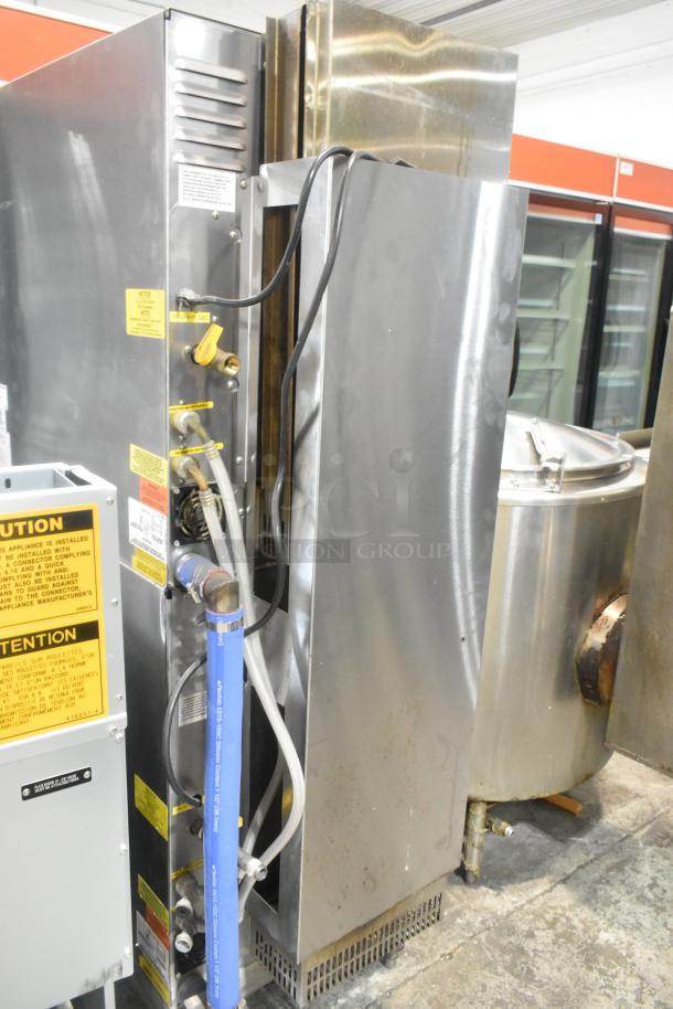 Groen 2019 SSB-5GF stainless steel steam cabinet, propane gas-powered, 58,000 BTU, commercial use, features labels.
