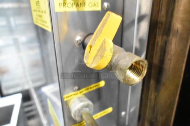 2019 Groen SSB-5GF stainless steel propane steam cabinet valve, showing gas and water supply labels, 58,000 BTU.