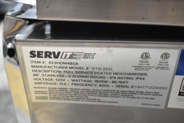 ServIt 423HDM48SA Stainless Steel Heated Display Case with 3 shelves, sliding doors, and IPX4 rating, 120V, 1800W.