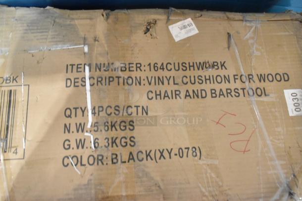 Box labeled "164CUSHWDBK" with four black vinyl seats for Lancaster chairs or bar stools. New, scratch and dent.