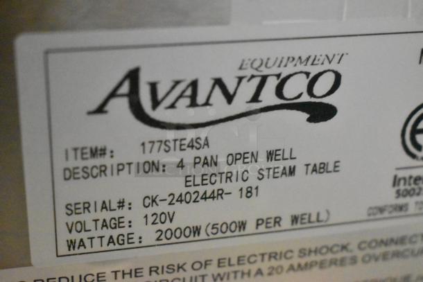 Alt text: Avantco 177STE4SA label showing item information: 4 pan open well electric steam table, 120V, 2000W.