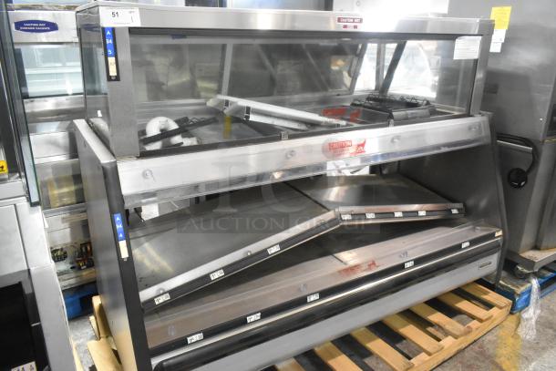 Custom Deli metal commercial floor-style open grab and go merchandiser, 120/208 volts, 1 phase, caution labels visible.