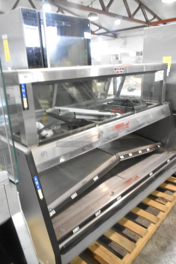 Custom Deli Metal Commercial Floor Style Open Grab and Go Merchandiser, 120/208 Volts, 1 Phase, with glass panels and labeled shelves, in used condition.