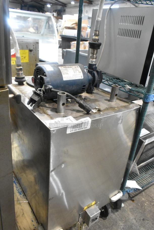 Stainless Steel Commercial Oil Filter on casters, visible motor, minor wear, label CT-236-000087965.