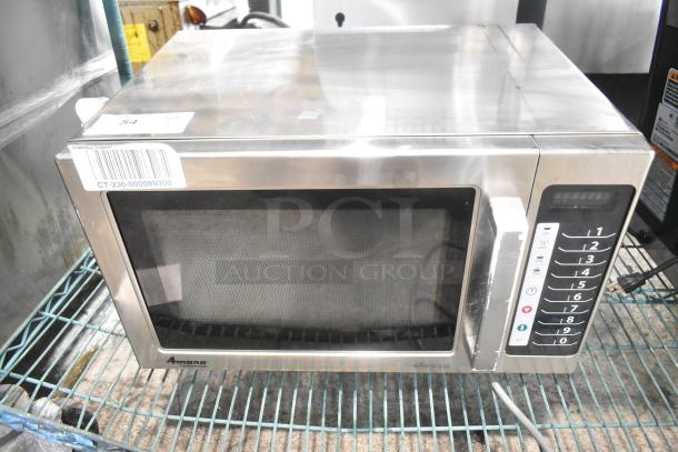 Amana RCS10TS stainless steel commercial microwave, 120 volts, visible numeric keypad, barcode tag CT-236-000089300.