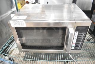 Amana RCS10TS stainless steel commercial microwave, 120 volts, visible numeric keypad, barcode tag CT-236-000089300.