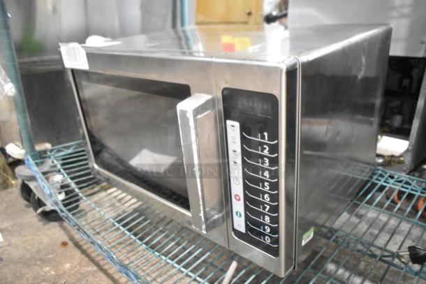 Amana RCS10TS stainless steel commercial countertop microwave oven, keypad display, 120 volts, 1 phase, good condition.