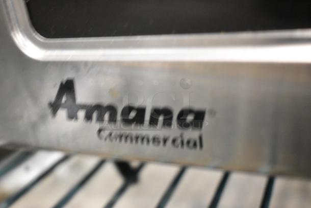 Amana RCS10TS stainless steel commercial countertop microwave oven, featuring logo. 120 volts, 1 phase.
