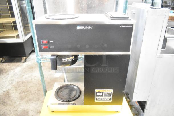 2023 Bunn VPR Stainless Steel Coffee Machine, commercial countertop model, 120V, 1 phase, dual hot plates, warning labels visible.