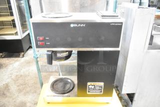 2023 Bunn VPR Stainless Steel Coffee Machine, commercial countertop model, 120V, 1 phase, dual hot plates, warning labels visible.