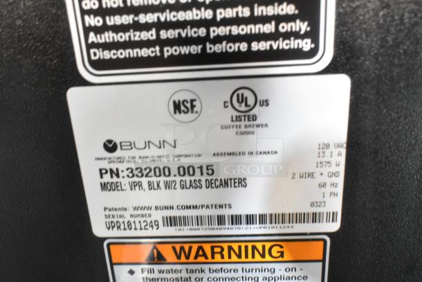 2023 Bunn VPR Commercial Coffee Machine, stainless steel, 120V, 1 phase. Model: VPR, UL listed, NSF certified.