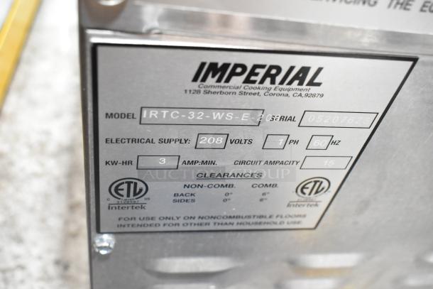 Imperial IRTC-32-WS-E-208 stainless steel commercial rethermalizer label showing model, 208 volts, 3KW, ETL certified.