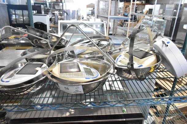 6 Detecto SCS30 hanging produce scales, 30 lb capacity, stainless steel, digital display, in good condition, with labels.