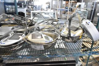 6 Detecto SCS30 hanging produce scales, 30 lb capacity, stainless steel, digital display, in good condition, with labels.