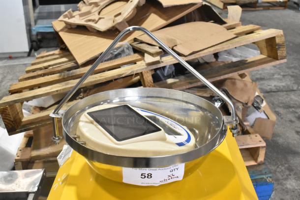 6 Detecto SCS30 hanging produce scales, 30 lb capacity each. Stainless steel, includes tags with auction and quantity details.