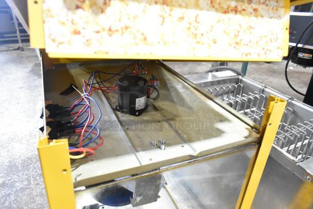 2019 OY-828 metal countertop popcorn machine, 110V, 1 phase, partially assembled, internal wiring visible, used condition.