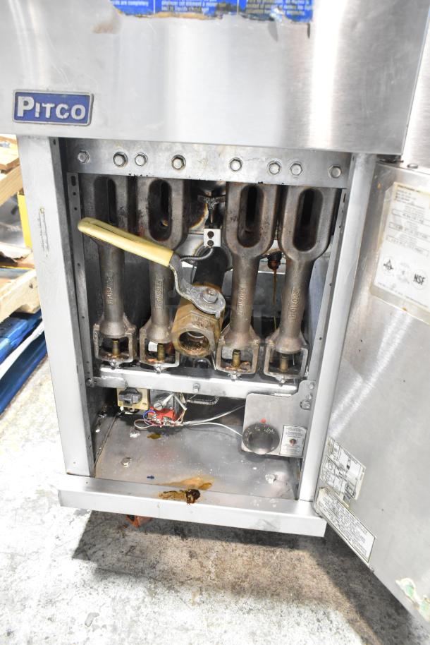 Pitco Frialator 40D stainless steel commercial deep fryer, natural gas, 115,000 BTU, visible internal components, fair condition.