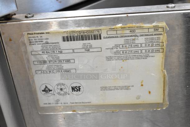 Pitco Frialator 40D stainless steel natural gas fryer label, 115,000 BTU, on commercial casters, NSF certified.
