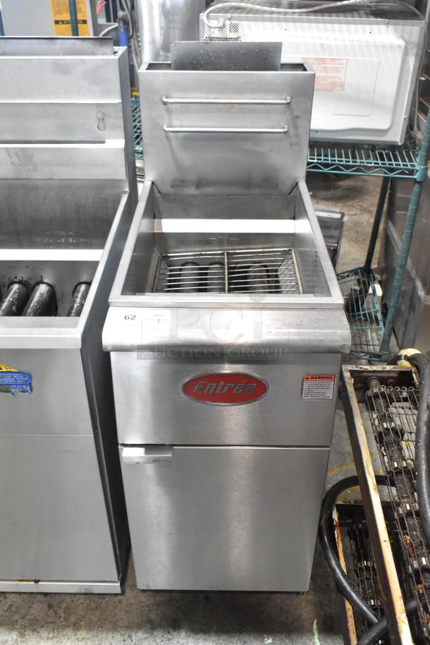 Entree F3-N stainless steel commercial deep fat fryer on casters, 90,000 BTU, natural gas, clean condition, branded front panel.