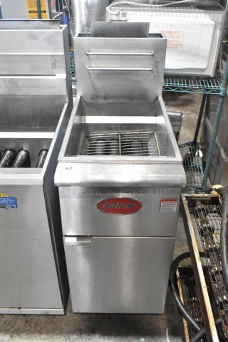 Entree F3-N stainless steel commercial deep fat fryer on casters, 90,000 BTU, natural gas, clean condition, branded front panel.
