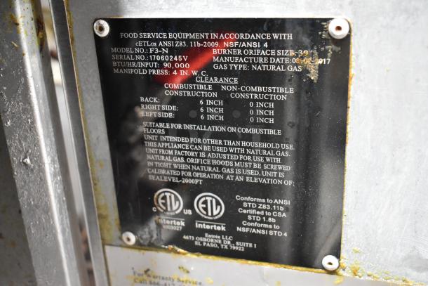 Entree F3-N fryer label showing model, 90,000 BTU input, natural gas type, with ETL certification markings.